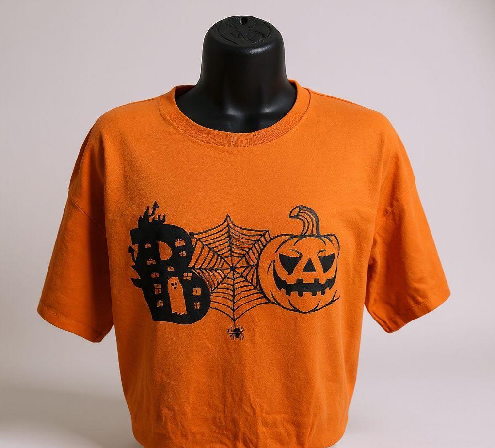 BOO and Bold ** Halloween Boo Orange Screen Print Graphic Tshirt; Haunted House SpiderWeb Pumpkin Boo Halloween Graphic Tee