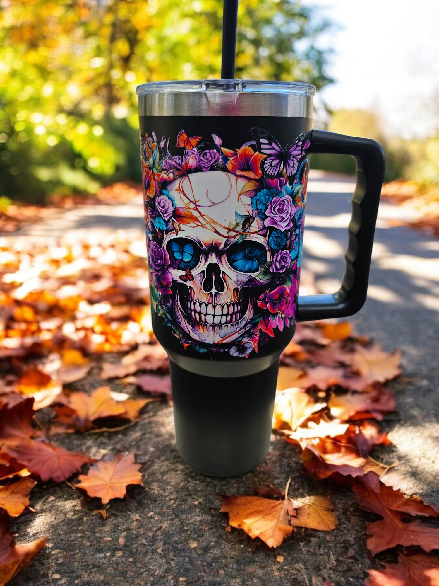 When I said I liked it rough I didn't mean my life Flower Skull Black Tumbler 40oz Cup