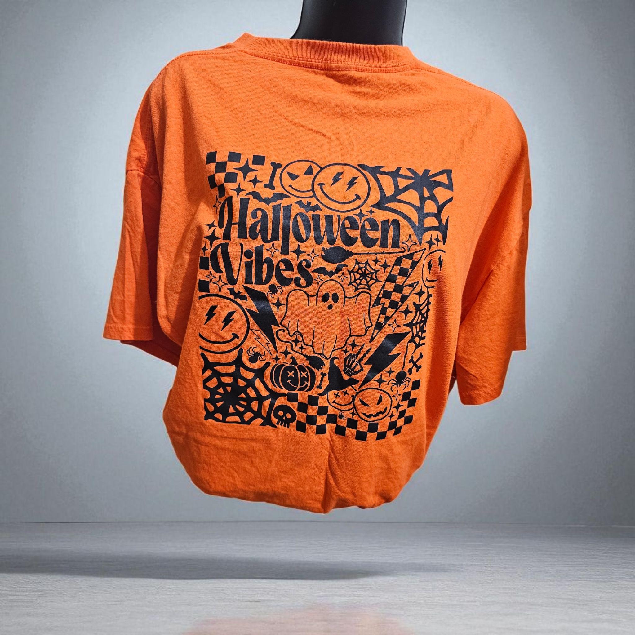 Halloween Vibes Tee with Front Pocket Print Graphic Orange Tshirt