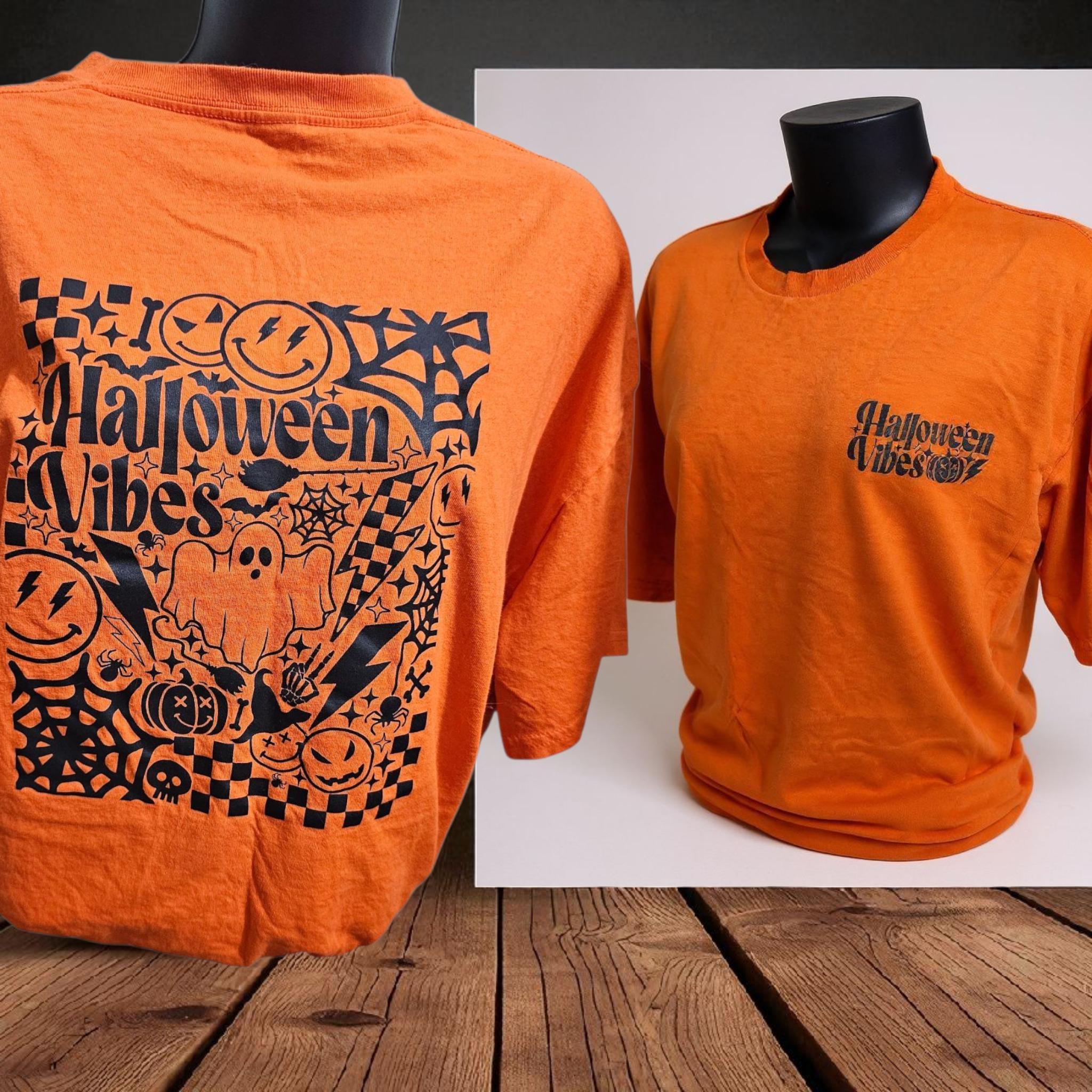 Halloween Vibes Tee with Front Pocket Print Graphic Orange Tshirt