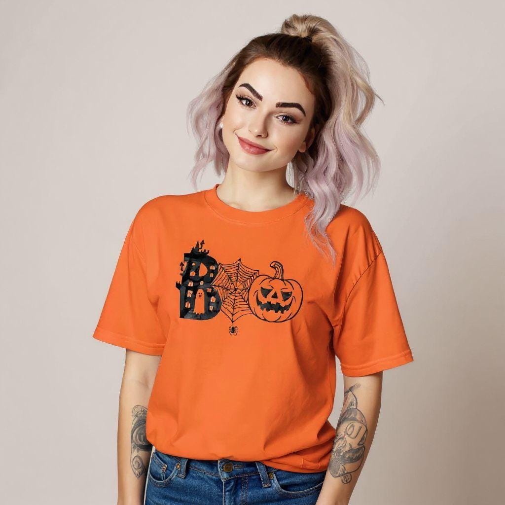 BOO and Bold ** Halloween Boo Orange Screen Print Graphic Tshirt; Haunted House SpiderWeb Pumpkin Boo Halloween Graphic Tee