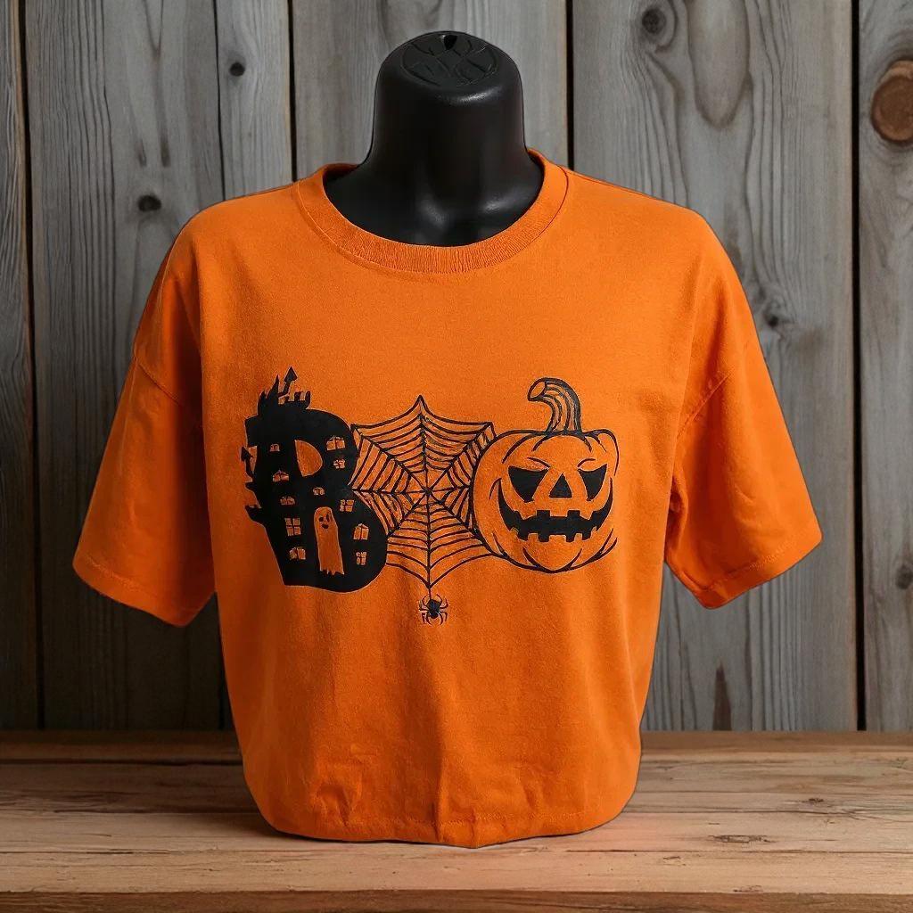 BOO and Bold ** Halloween Boo Orange Screen Print Graphic Tshirt; Haunted House SpiderWeb Pumpkin Boo Halloween Graphic Tee