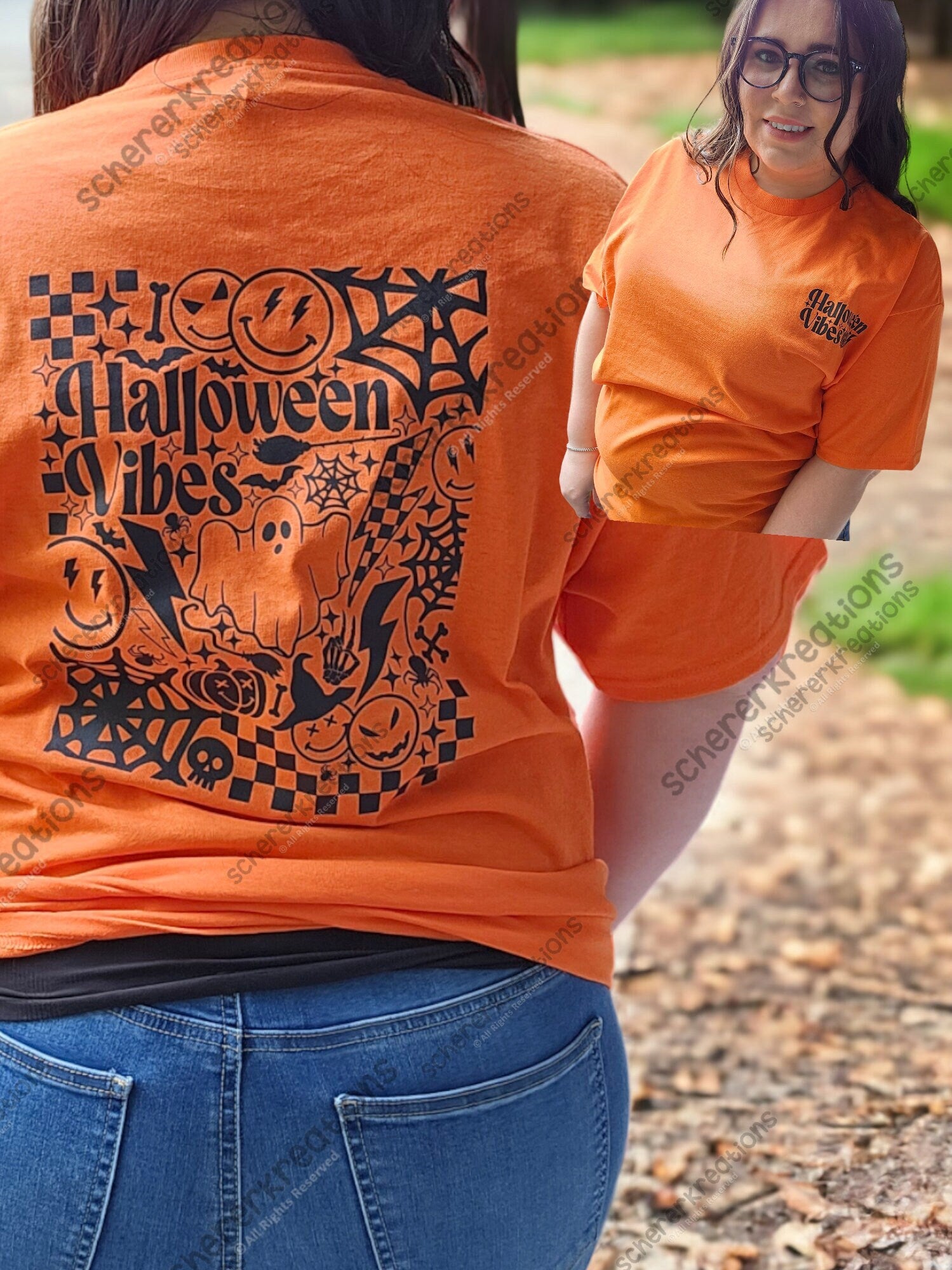 Halloween Vibes Tee with Front Pocket Print Graphic Orange Tshirt